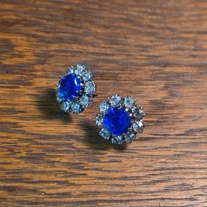 Rhinestone & "sapphire" earring pair - - Vintage '80s Sparkle jewelry